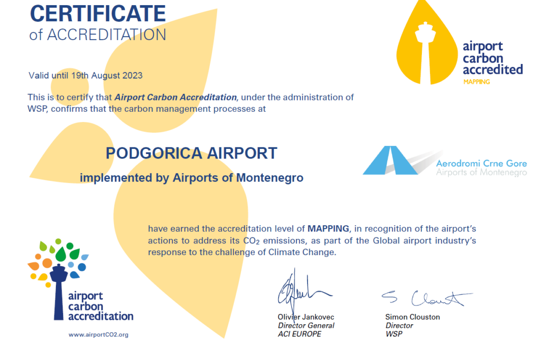 Aerodrom Podgorica dobio ACI sertifikat za smanjenje CO2